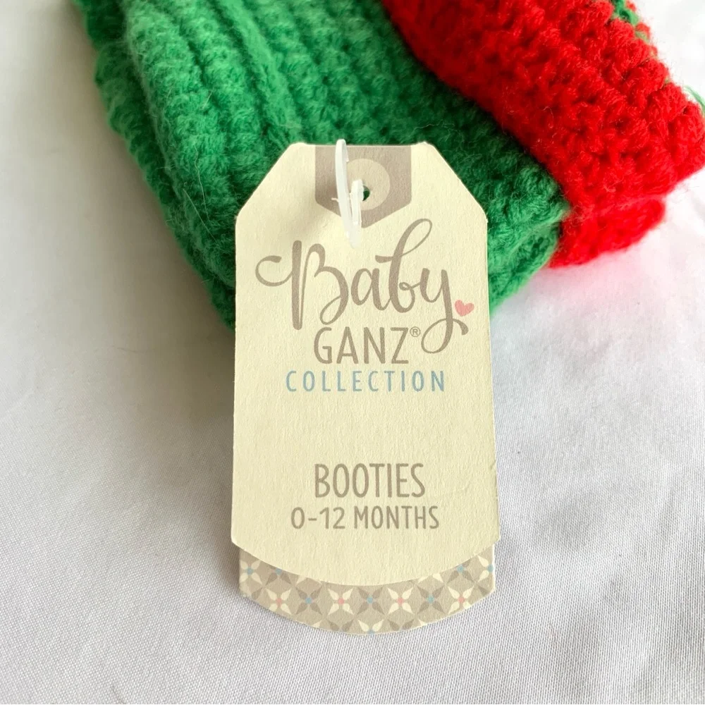 Baby knitted elf booties green and red